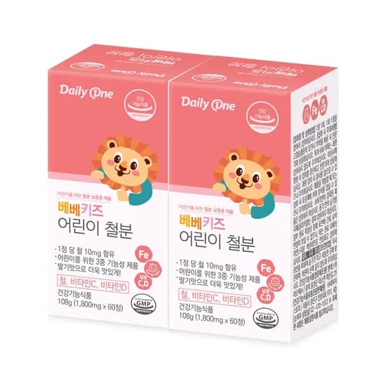 데일리원 베베키즈 어린이 철분 비타민 C D 영양제, 60정, 2개