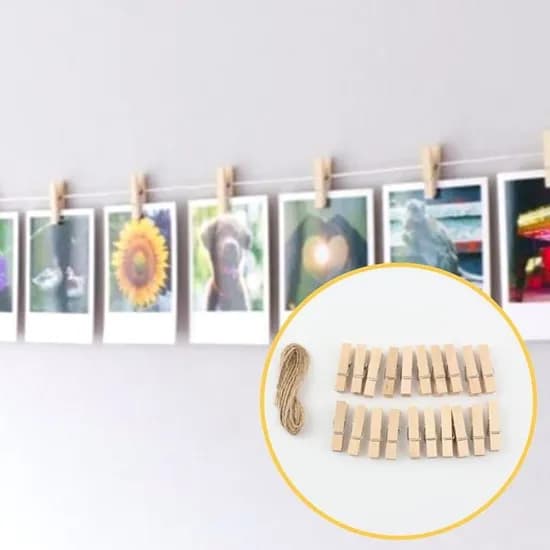 노끈 벽 사진집게 사진걸이 세트, 브라운, 140cm, 20개
