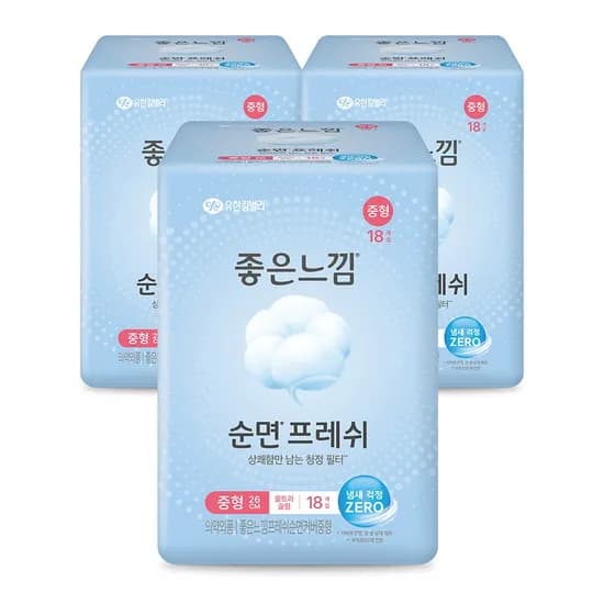 좋은느낌 순면프레쉬 생리대 중형 18매 3팩