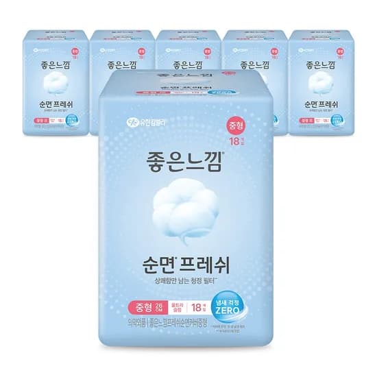좋은느낌 순면프레쉬 생리대 중형 18매 6팩