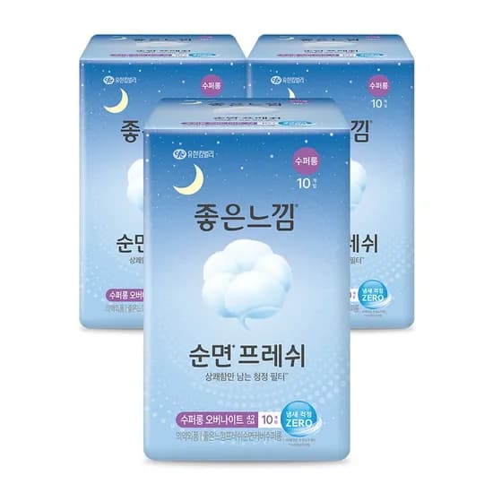 좋은느낌 순면프레쉬 생리대 오버나이트 이상 10매 3팩