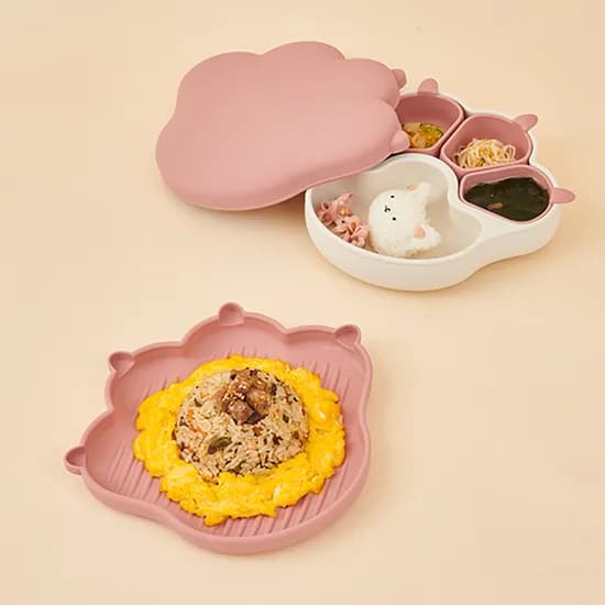 퍼기 냥냥 흡착식판 + 냥냥 플레이트 접시 세트, 드라이로즈 + 브라운, 1세트
