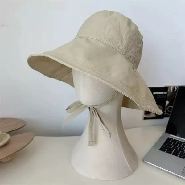 여성 큰챙 와이어 보넷 리본 턱끈 버킷햇 자외선차단 벙거지모자 베이지 둘레55-58cm 챙12cm 1개