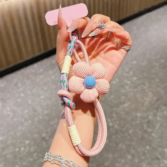 끄레앙 꽃장식 로프 스트랩 니트 핸드폰 손목고리 도난방지 다용도 휴대폰줄 AK500 핑크