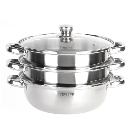 디라이프 스테인레스 인덕션 3단 찜전골냄비, 28cm, 스틸, 1개