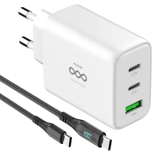 굿밸류 멀티 포트 GaN PD 67W C타입 초고속 충전기 어댑터 + C to C 100W 디스플레이 케이블, 화이트, 1.2m, 1개