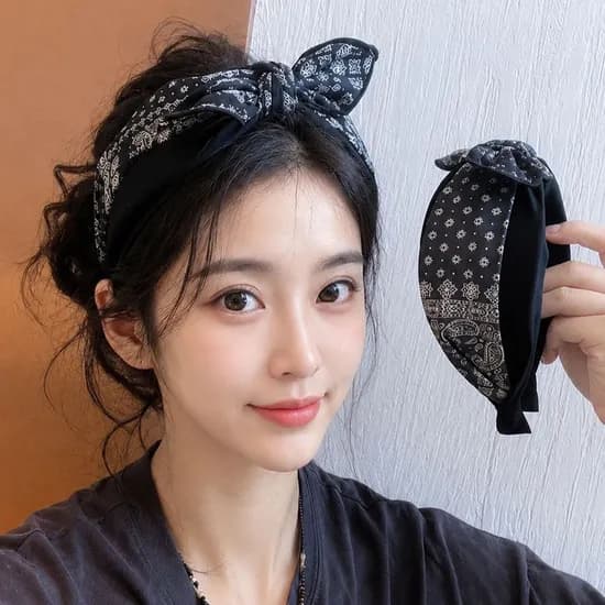 페이즐리 반다나 리본 와이드 헤어밴드, 블랙+브라운, 2개