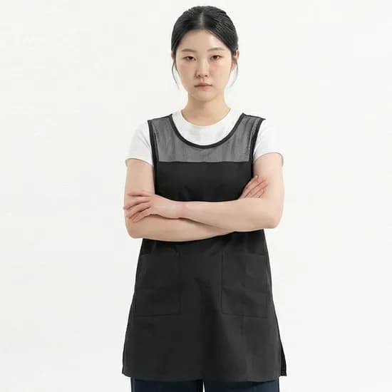 린넨 망사형 원피스 앞치마, 블랙, 1개