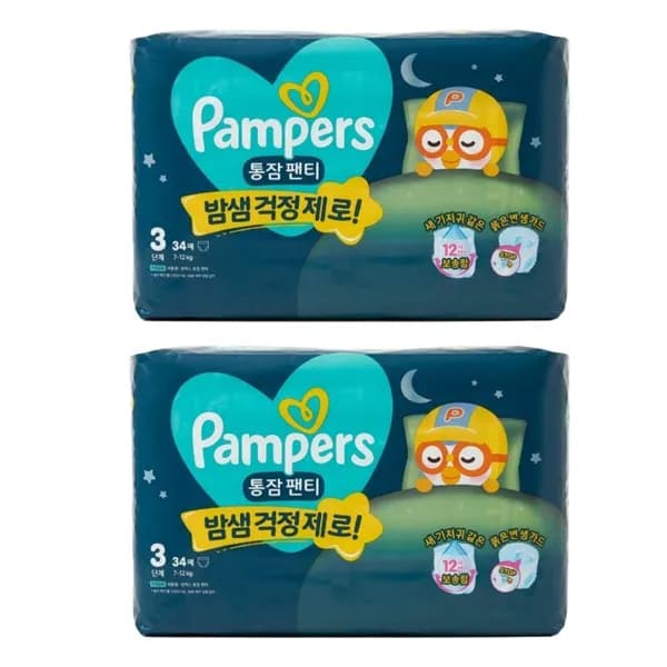 팸퍼스 2026 통잠팬티 기저귀 3단계 남여공용 34매 2팩