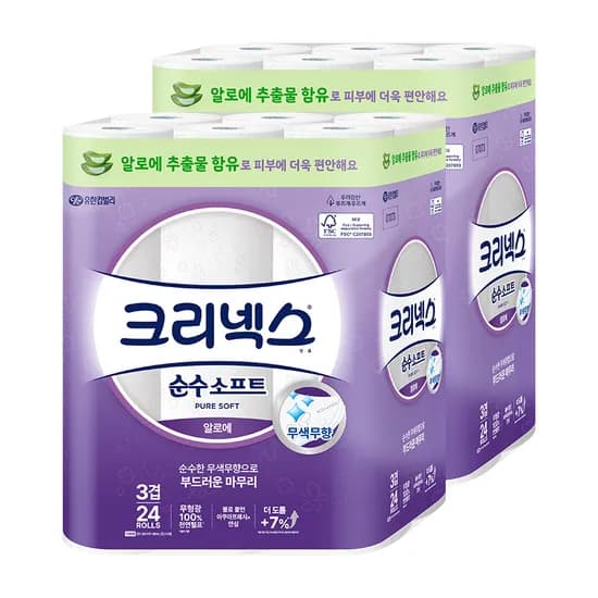 크리넥스 순수소프트 알로에 화장지, 3겹, 28m, 24롤, 2팩