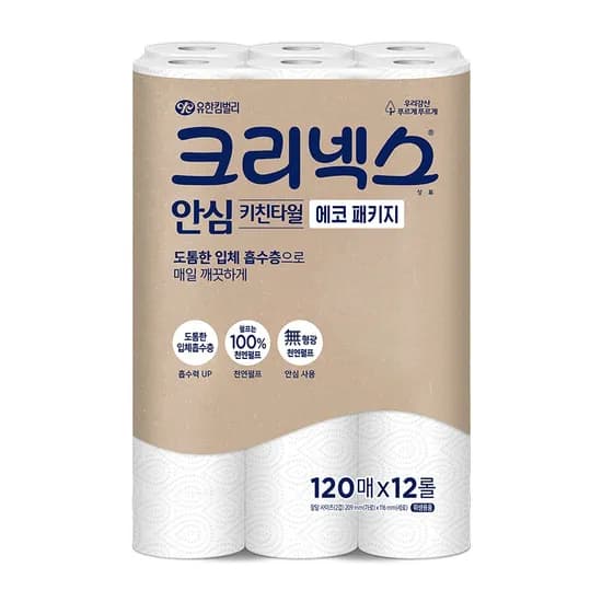 크리넥스 안심 키친타월 에코 패키지, 2겹, 120매, 12롤, 1팩