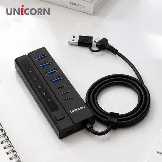 유니콘 USB 3.2 Gen1 7포트 USB 멀티허브 LH-7000AC A+C 듀얼커넥터 1.2M 블랙 1개