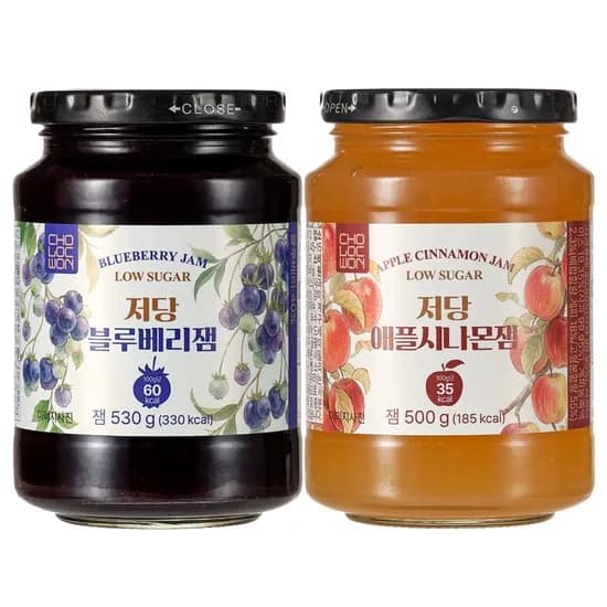 초록원 저당 블루베리잼 530g 외 저당 애플시나몬잼 500g 2개