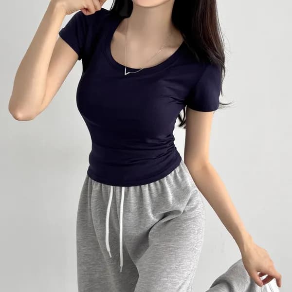 여성 U넥 반팔 티셔츠 네이비 FREE
