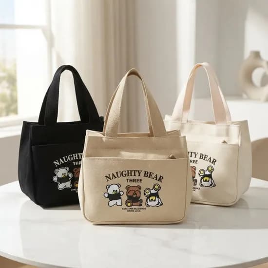 NAUGHTY BEAR 캔버스 도시락 가방 곰돌이 미니 토트백 앞포켓 보조 가방 블랙 FREE 12,900원