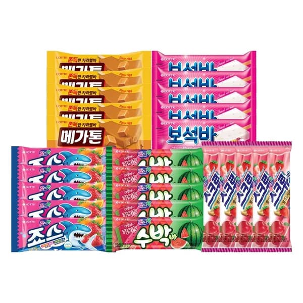 롯데웰푸드 막대 아이스크림 5종 세트 (죠스바·수박바·스크류바·메가톤바·보석바 각 5개) 16,600원