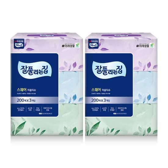 잘풀리는집 스퀘어 미용티슈, 200매, 3개입, 2팩