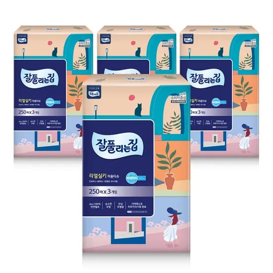 잘풀리는집 리얼실키 미용티슈 250매 3개입 4팩
