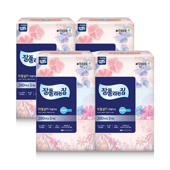잘풀리는집 리얼실키 미용티슈, 280매, 3개입, 4팩