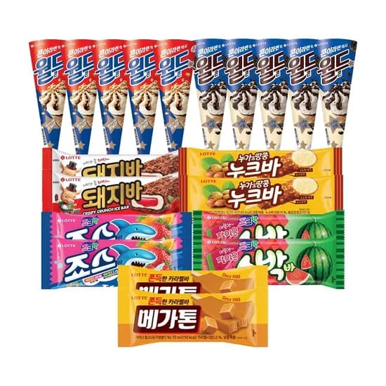 롯데웰푸드 인기 콘+막대 아이스크림 7종 20개 세트, 월드콘 바닐라 5개 + 월드콘 쿠앤크 5개 + 죠스바 2개 + 수박바 2개 + 메가톤바 2개 + 누크바 2개 + 돼지바 2개, 1세트