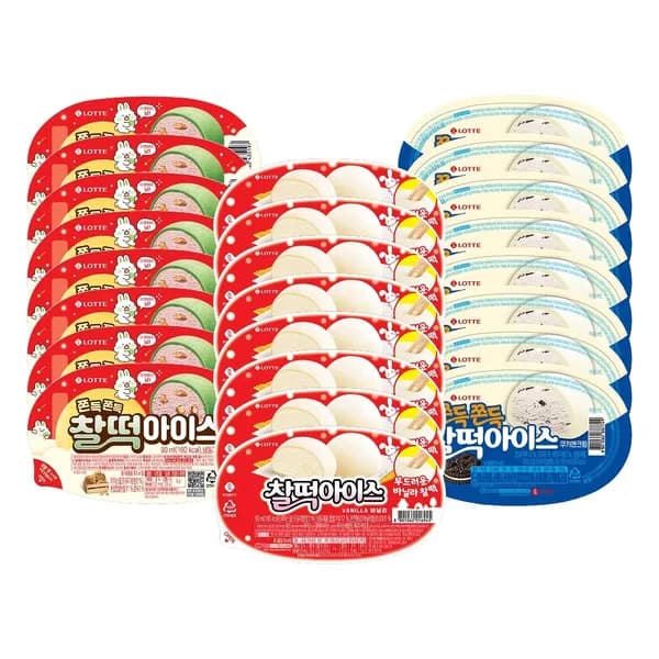 롯데웰푸드 찰떡아이스 3종 세트 (호두맛·쿠앤크맛·바닐라맛 각 8개, 90ml, 24개)