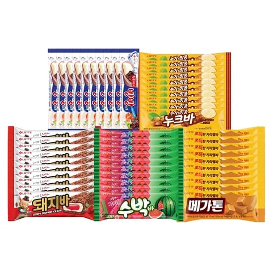 롯데웰푸드 인기 막대 아이스크림 5종 세트, 돼지바 10개 + 메가톤바 10개 + 누크바 10개 + 빙빙바 10개 + 수박바 10개, 1세트