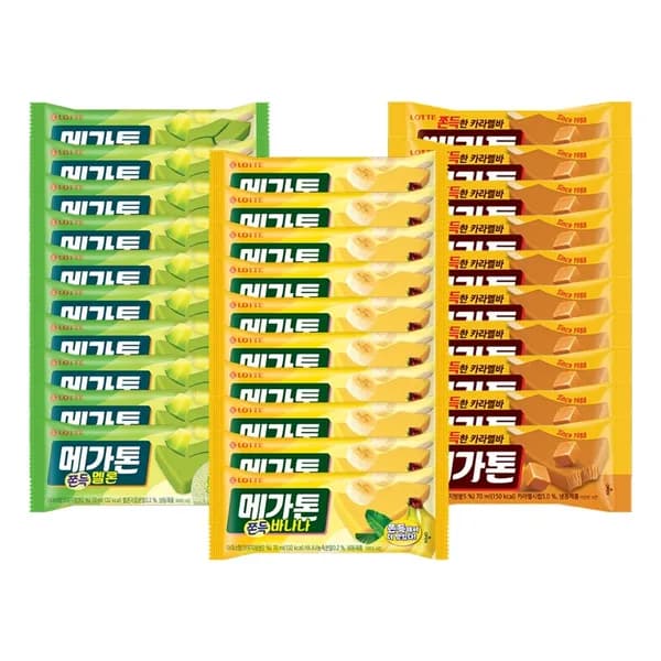 롯데웰푸드 메가톤 3종 세트 (쫀득바나나 10개 + 쫀득멜론 10개 + 메가톤바 10개) 30개 19,900원
