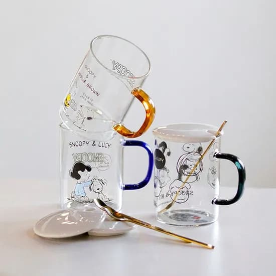 스누피 뚜껑 유리컵 숟가락 세트 블루 370ml 1개