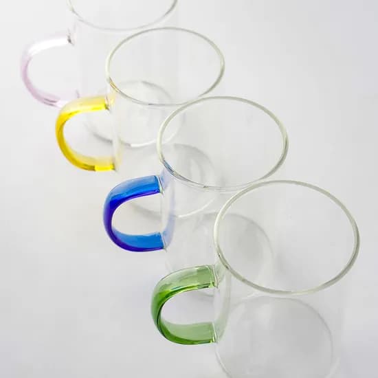 내열 유리 머그컵, 컬러 손잡이, 화이트, 430ml, 4개