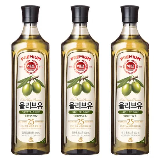 해표 엑스트라버진 압착 올리브유 900ml 3개