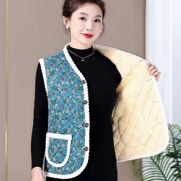 중년여성 꽃무늬 겨울 기모 누빔조끼 블루 2XL