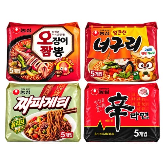 농심 라면 묶음, 신라면 120g 5개 + 너구리 120g 5개 + 오징어짬뽕 124g 5개 + 짜파게티 140g 5개, 총 20개