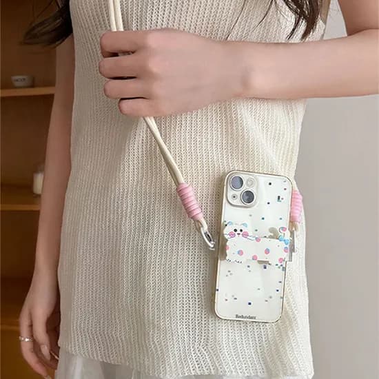 두 손이 자유로운 애니멀 휴대폰 투명 스트랩 홀더, 핑크도트냥, 1개