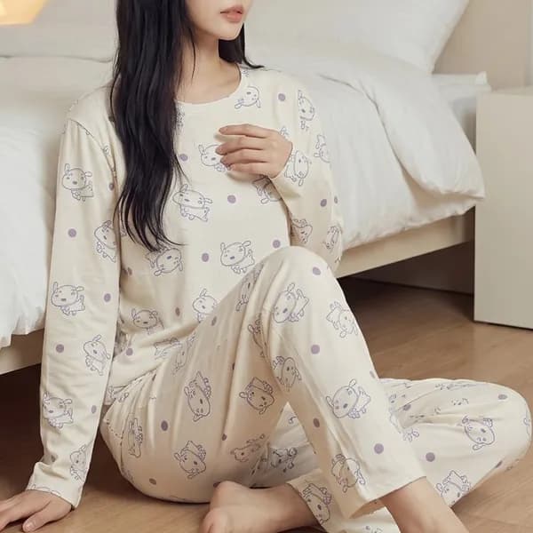 여성 간절기 꿀잠 파자마 빅사이즈 긴팔 잠옷 상하세트 강아지 아이보리 FREE 1개