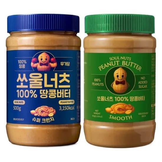 쏠울너츠 100프로 땅콩버터 슈퍼 크런치 + 스무스 1kg 1세트