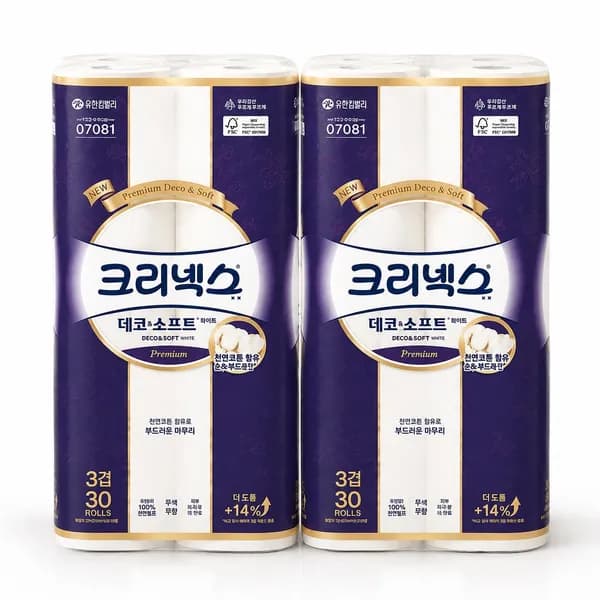 크리넥스 3겹 데코앤소프트 화이트 25m 30롤 2팩