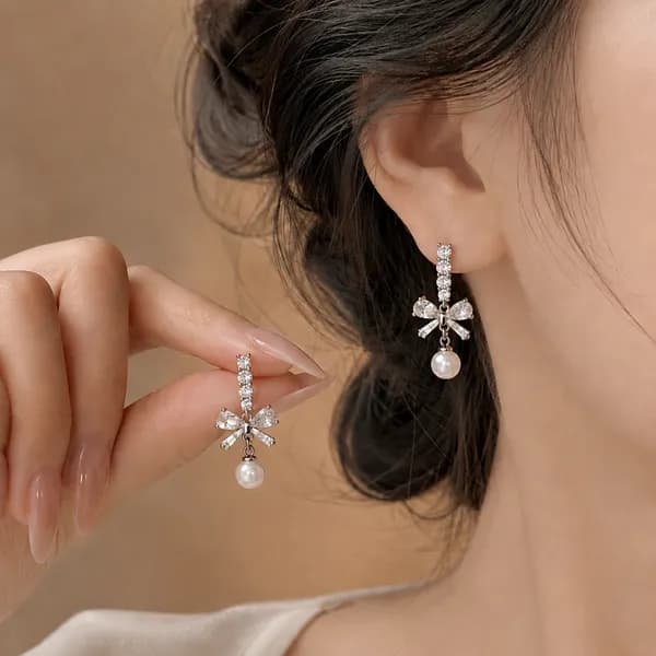 데이루미 리본 진주 S925 침 드롭 귀걸이 진주실버 1개