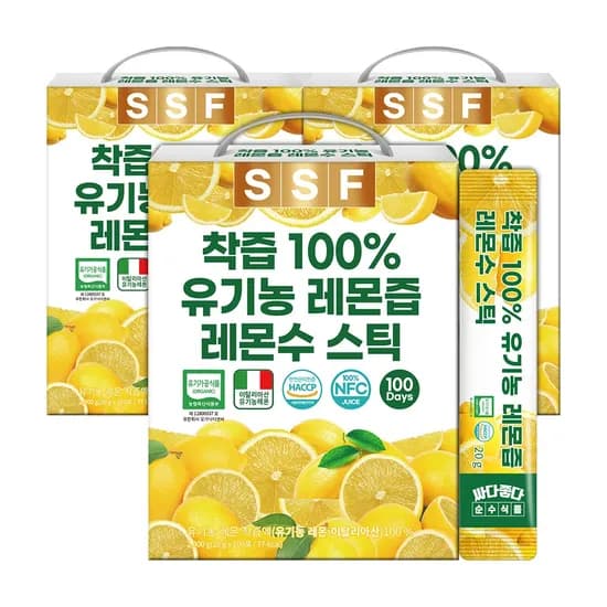 순수식품 착즙 100% 유기농 레몬즙 레몬수 스틱 20g 100포 3개