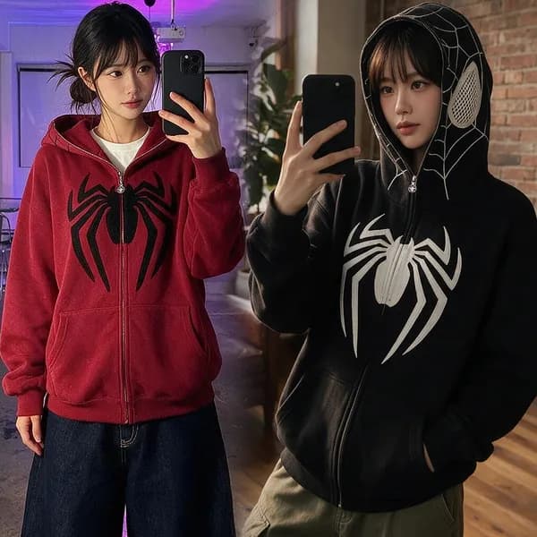 오버핏 스파이더 풀집업 후드 긴팔 블랙 FREE