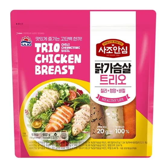 사조안심 닭가슴살 트리오 칠리 3개 청양 3개 바질 3개 900g 1개