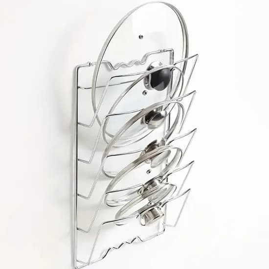 스테인리스 다용도 냄비 뚜껑 수납 선반, 공간절약형, 벽부착형, 5칸, 410x255mm, 실버, 1개