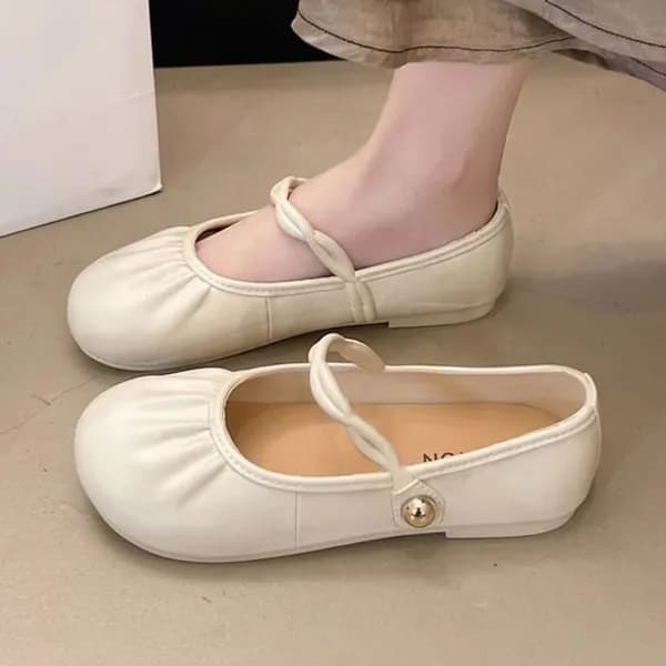 여성 셔링 메리제인 플랫슈즈 라운드토 데일리 단화, 아이보리, 240mm, 1개