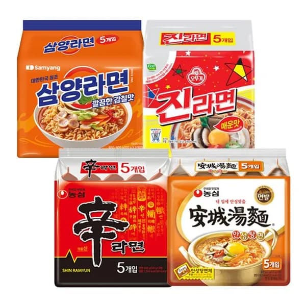 농심 신라면 5개 + 농심 안성탕면 5개 + 오뚜기 진라면 5개 + 삼양식품 삼양라면 5개, 1세트