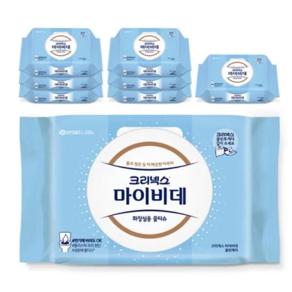 크리넥스 마이비데 클린케어 화장실용 물티슈 캡형 80매 8개