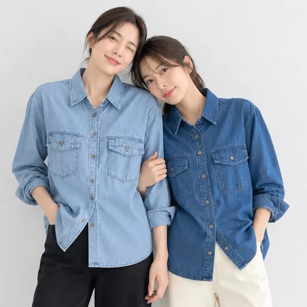플랩 포켓 카라 데님 셔츠 진청 FREE 1장
