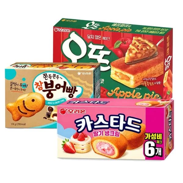 오리온제과 참붕어빵 174g + 오뜨 애플파이맛 175g + 카스타드 딸기생크림 138g, 3개