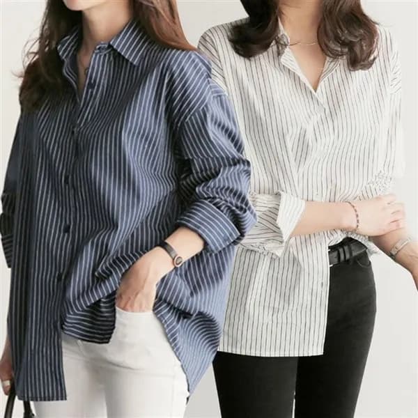 여성 루즈핏 긴팔 스트라이프 셔츠 MURD095T04 네이비 FREE(XL) 1개