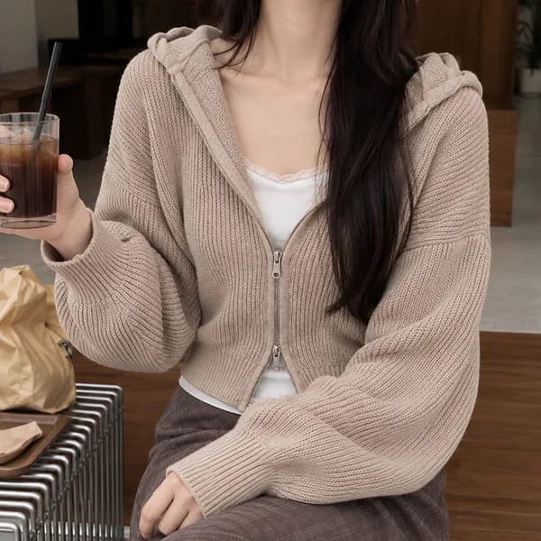 무지 골지 크롭 니트 후드집업 블랙 FREE 1장