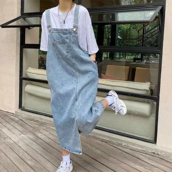 언발란스 데님 멜빵 원피스 2XL