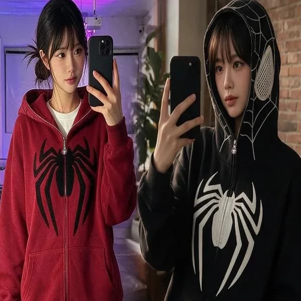 루즈핏 거미자수 후드 집업 와인 FREE
